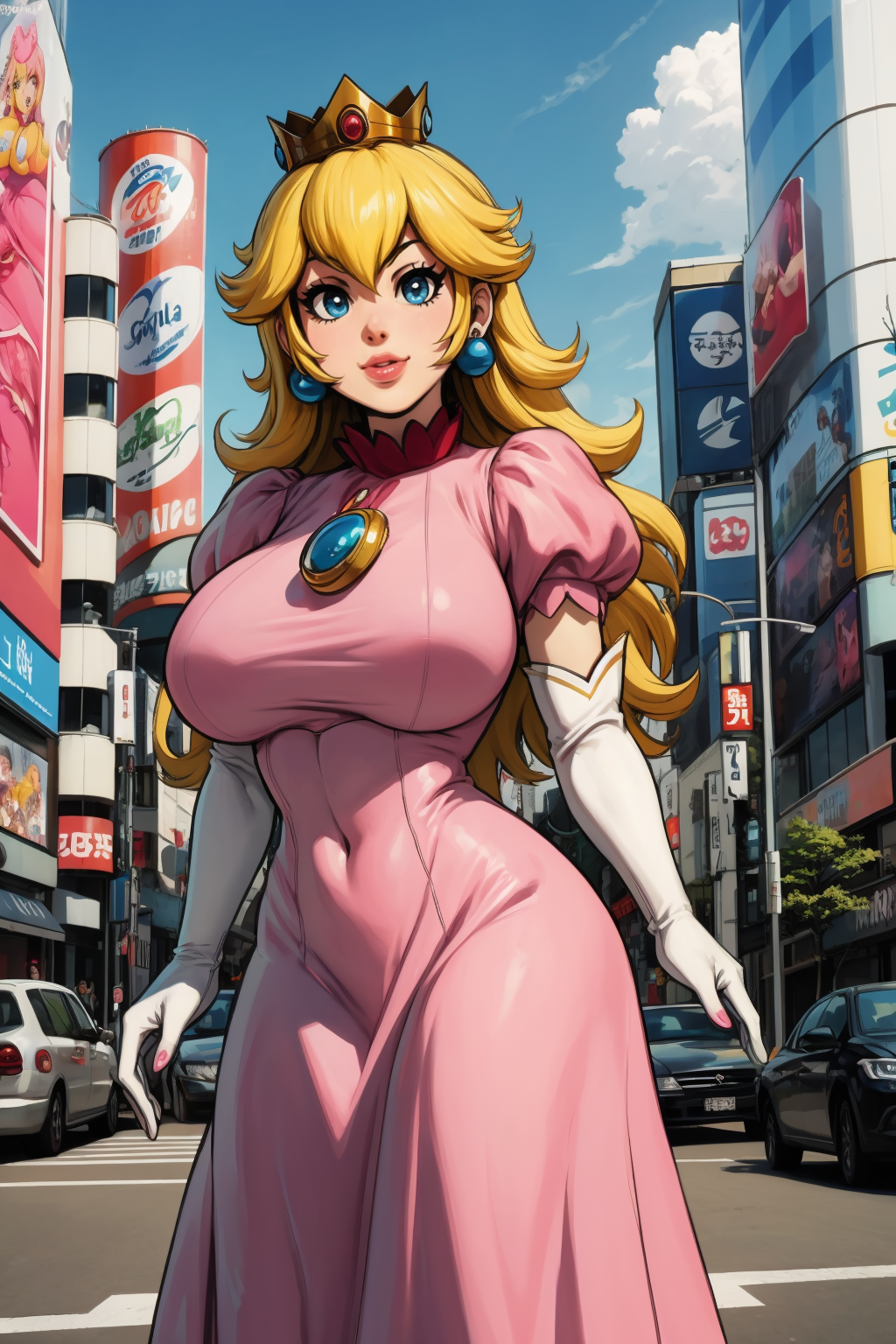 1girl, (solo:1.2), curvy, (masterpiece:1.2), (best quality:1.2), (perfect anatomy:1.4), (standing:1.4), (confident:1.2), smile, (large breasts:1.4), (cowboy shot:1.2),, <lora:Mario - Peach [Numeratic - v1.0]:1> princess peach, blonde hair, crown, long hair, (pink dress:1.5), (long dress:1.2), covered breasts, princess, short puffy sleeves, brooch, elbow gloves, (white elbow gloves:1.2), (city center:1.3), (tokyo:1.2), highrise buildings, daylight, on the street, cars,, <lora:Modeseven [MockAi - v1.0]:0.8> modeseven, (super curvy:1.3), comic style, (vibrant colors:1.2), (huge breasts:1.1)