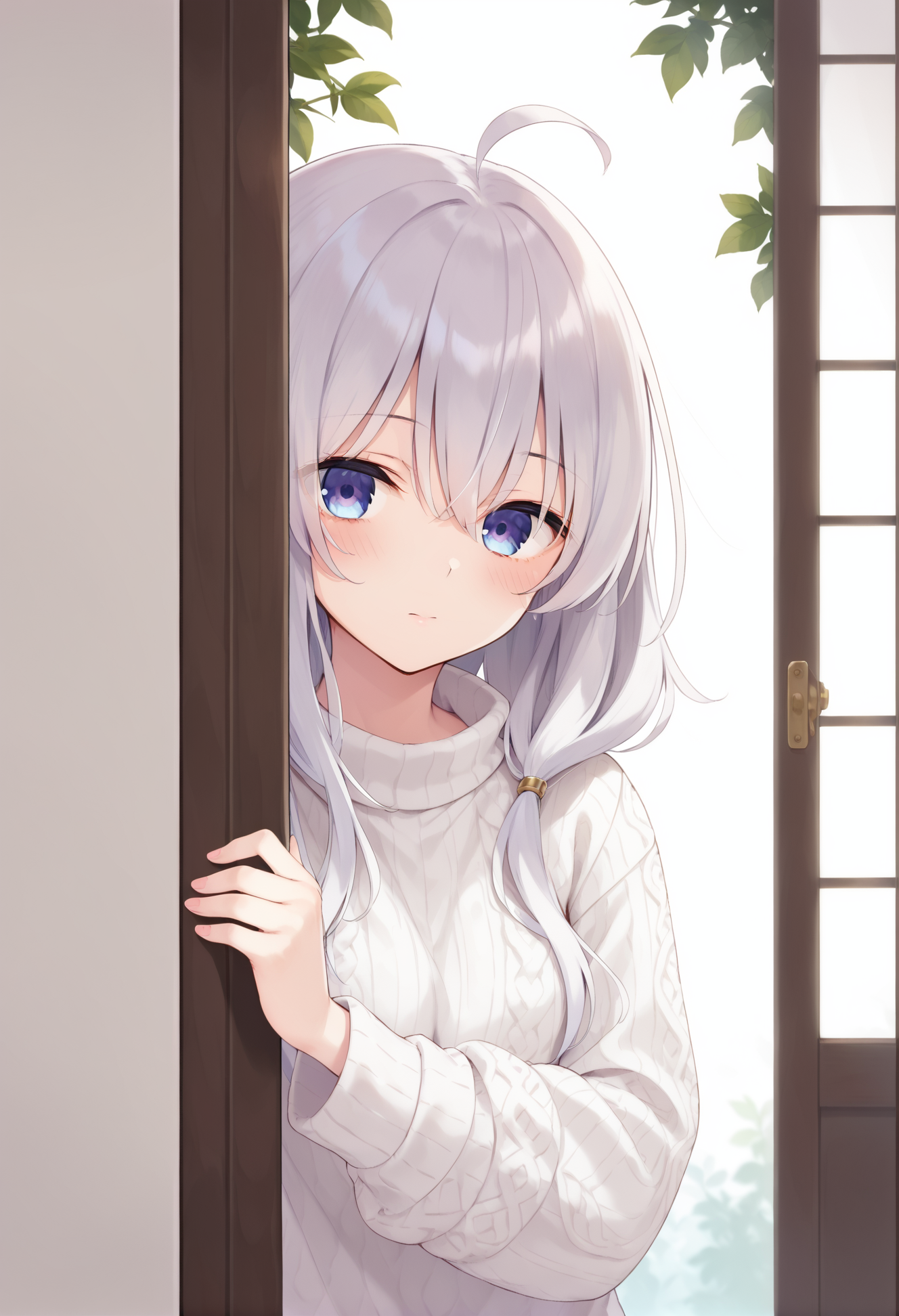 score_9, score_8_up, score_7_up, 1girl, solo,   elaina ,<lora:ElainaV25:0.7>, <lora:add_detail:0.7>,   <lora:peeking_out_ponyxl:0.7>, peeking out upper body,  blush, white sweater, sleeves past wrist, looking at viewer,