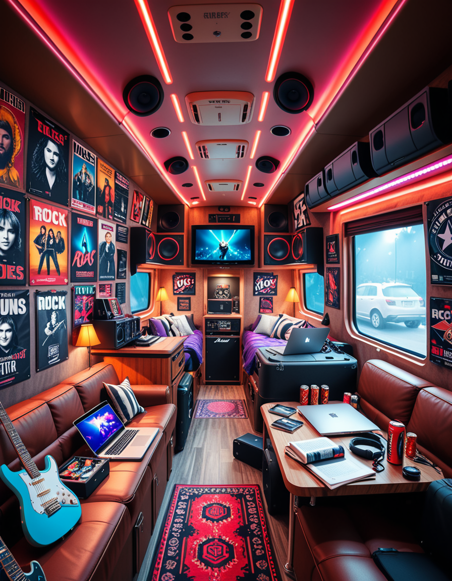 The interior of a modern RV customized for a rock band on tour. The space is stylish and lived-in, filled with musical gear like guitar cases, amps, and a drum pad. Posters of famous rock bands and tour memorabilia cover the walls. There are leather couches, a small kitchenette with snacks and energy drinks, and a cluttered table with laptops, cables, and setlists. A narrow hallway leads to sleeping bunks with personal items like headphones, books, and clothes tossed around. The lighting is warm with LED strips in red and purple tones, giving it a cozy but edgy atmosphere. A small TV displays concert footage, and speakers are mounted on the ceiling. The whole scene feels energetic, artistic, and chaotic in a creative way. Realistic style, rich colors, and highly detailed environment.
<lora:SDXLFaeTastic2400:0.4> <lora:extremely_detailed:0.4> extremely detailed <lora:r0ck_b4nd_rv:1>r0ck b4nd rv, Masterpiece,best quality,hi res,8k,hi res,8k,award winning,(sharp focus, intricate, highly detailed),