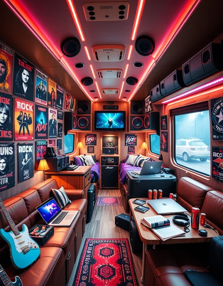 The interior of a modern RV customized for a rock band on tour. The space is stylish and lived-in, filled with musical gear like guitar cases, amps, and a drum pad. Posters of famous rock bands and tour memorabilia cover the walls. There are leather couches, a small kitchenette with snacks and energy drinks, and a cluttered table with laptops, cables, and setlists. A narrow hallway leads to sleeping bunks with personal items like headphones, books, and clothes tossed around. The lighting is warm with LED strips in red and purple tones, giving it a cozy but edgy atmosphere. A small TV displays concert footage, and speakers are mounted on the ceiling. The whole scene feels energetic, artistic, and chaotic in a creative way. Realistic style, rich colors, and highly detailed environment.
<lora:SDXLFaeTastic2400:0.4> <lora:extremely_detailed:0.4> extremely detailed <lora:r0ck_b4nd_rv:1>r0ck b4nd rv, Masterpiece,best quality,hi res,8k,hi res,8k,award winning,(sharp focus, intricate, highly detailed),