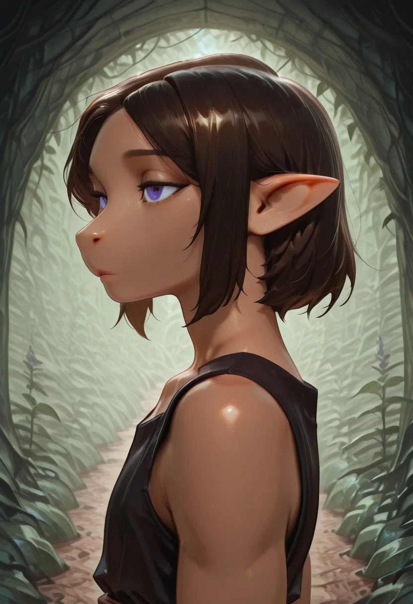 1 Lapanya, solo, Repeta, violet eyes, small nostrils, black sleeveless top,
looking around,
Side view,
Medieval style, Smooth colors, detailed eyes, organic cavern background, clean lines, high quality, best quality, masterpiece, rating: safe,
source: anime,