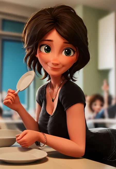 intricate details, score_9, score_8_up, score_7_up, score_6_up, score_5_up, source_anime, <lora:AuntCassBH6Pony1.0:1> auntcass, 1girl, brown hair, short hair, solo, black shirt, blurry background, bent over, taking dishes out of dishwasher, big breasts, side view, turned tward viewer, <lora:OtherStyle_03:0.5>, <lora:The_last_of_us_Style:0.3> <lora:pony_good_hands:1> good_hands, better_hands, 3D, cleavage, green eyes, bracelet, holding plate, smile, necklace, deep cleavage, small mouth