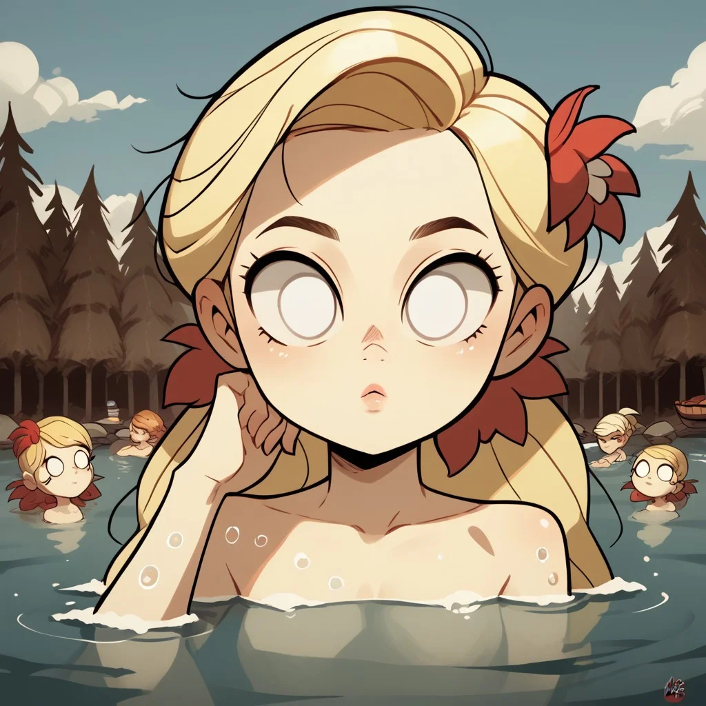 score_9, score_8_up, score_7_up, score_6_up, score_5_up, score_4_up, 1 girl, cartoon style, cartoony, style
diives,
Wendy Carter, Dont starve, white eyes, no pupils, blonde hair, bangs, hair flower
lake, bathing, clear water,