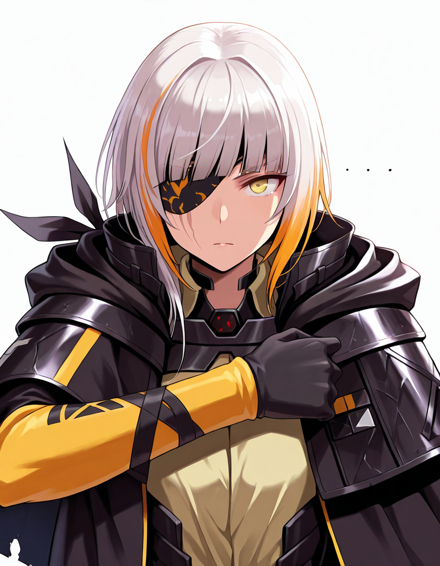 Volumetric Lighting, (masterpiece), (best quality), (ultra-detailed), masterpiece, source_anime, score_9, score_8_up, score_7_up BREAK, illustration, disheveled hair, detailed eyes, perfect composition, moist skin, intricate details, detailed eyes, detailed face, detailed fingers BREAK, yellow eyes, white hair,streaked hair, blonde hair, very long braid, single braid, scar across eye BREAK, m16boss, boss_eyepatch, boss_shirt, boss_coat, boss_capelet, boss_yellow_sleeves, boss_gloves, boss_black_arm_ribbon BREAK, (((white background))), looking at viewer, upper body, face focused