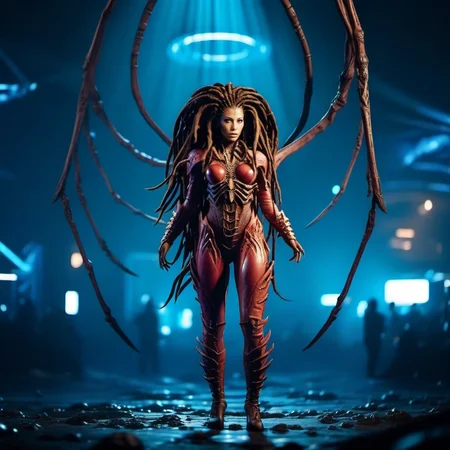 cinematic photo a full body science fiction monster woman, dreadlocks, spaceship<lora:InfestedKerrigan1024:0.8> . 35mm photograph, film, bokeh, professional, 4k, highly detailed