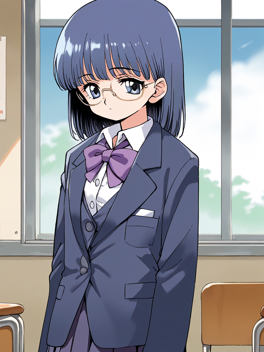 <lora:ingen3XL_pony_8:0.8> score_9, source_anime 1girl,  solo, looking at viewer, indoors
okamoto hitomi, glasses, blazer, white shirt, purple bowtie, long sleeves, pleated skirt, buttons,