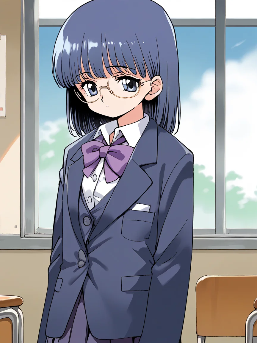 <lora:ingen3XL_pony_8:0.8> score_9, source_anime 1girl,  solo, looking at viewer, indoors
okamoto hitomi, glasses, blazer, white shirt, purple bowtie, long sleeves, pleated skirt, buttons,