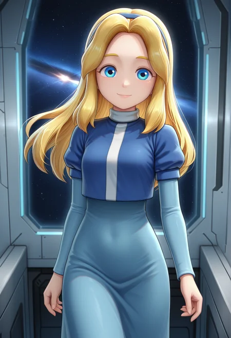 masterpiece, best quality, amazing quality, highres, absurdres, intricate detail, 1girl, solo, sxsgmaria_robotnik, long hair, blonde hair, blue hairband, blue eyes, smile, looking at viewer, blue dress, puffy sleeves, medium skirt, science fiction, space, metal room, cowboy_shot