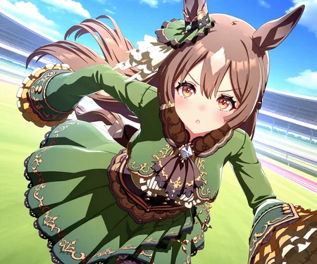 masterpiece, best quality, amazing quality, , 1girl, solo umamusume, racetrack, running, <lora:Satono Diamond in game style 3D:1> ummsmingame, 3d, satono diamond \(umamusume\), sleeves past fingers