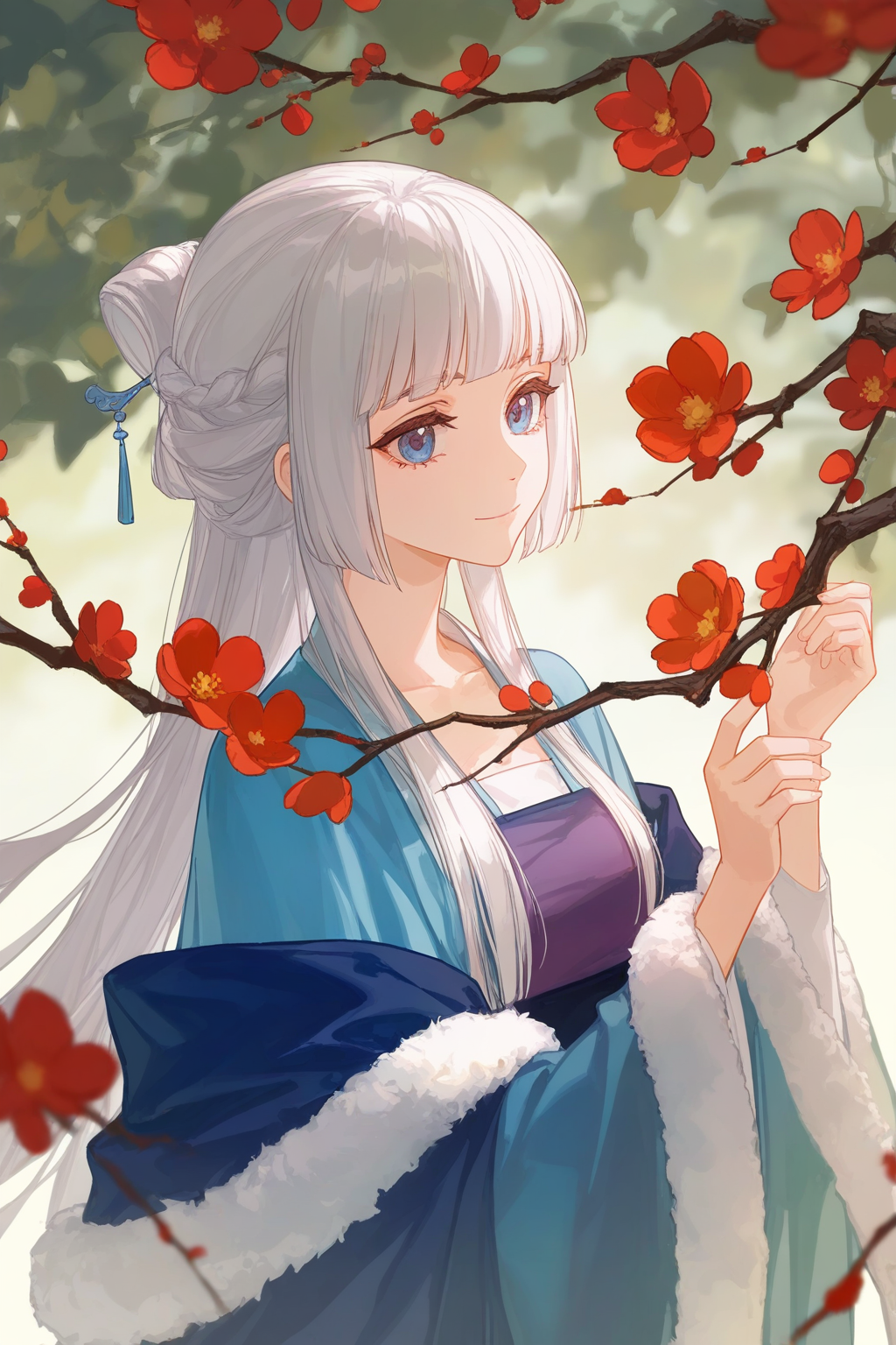 -fenglingyuxiu, 1girl, solo, blue eyes, branch, long hair, hair ornament, holding, flower, fur trim, closed mouth, white hair, red flower, braid, upper body, chinese clothes, grey hair, smile, hanfu, long sleeves artist:ask_(askzy),artist:yolanda,[artist:WANKE],artist:ciloranko,multicolored,<lora:fenglingyuxiu-000018:0.6>,