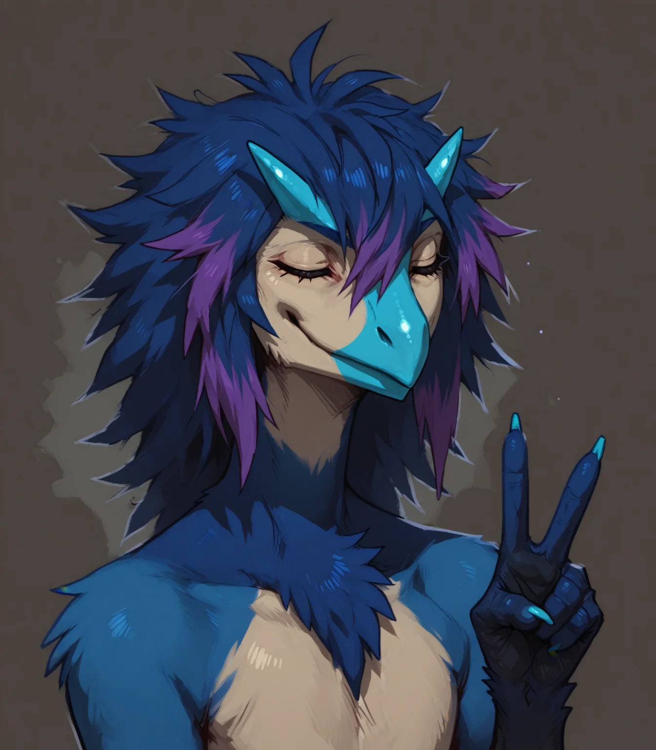 (score_9, score_8_up:1.1), detailed, bust portrait, abstract background,
BREAK
male nevrean, slim, eyes closed, v sign, scuted hands, blue body, tan belly, blue beak, blue horn, tan face, blue hair, purple highlights, messy hair,
smile, happy,
<lora:nevreans_v1.0_pdxl:0.7>, <lora:Concept Art DarkSide Style PDXL>, <lora:sdxl_lightning_8step_lora>, <lora:PDXL_artist_tags_v2_big>,