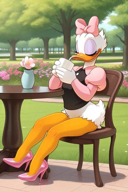 masterpiece, best quality, amazing quality, absurdres, daisyduck, solo, uncensored, sitting, closed mouth, drinking, holding cup, relaxing, closed eyes, white plumage, white feathers, orange legs, pink ribbon, puffy sleeves, short pink sleeves, black shirt, pink stiletto heels, outdoors, cafe, park, grass, flowers
