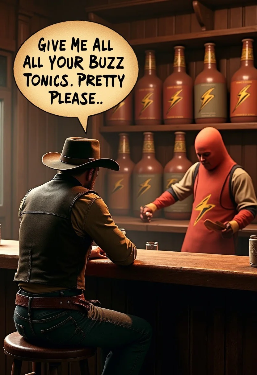 A realistic, old Western saloon scene with a cinematic camera view positioned over the shoulder of a rugged cowboy sitting at the bar. The cowboy, wearing a worn hat and leather vest, leans casually against the bar, looking at the bartender. The bartender, wearing a sausage costume, is cleaning a glass. Behind the bartender is a large shelf stacked with oversized bottles labeled 'Buzz Tonic,' each bottle featuring a bold yellow-orange lightning flash icon. The cowboy has a speech bubble above him saying in clear, big text, 'Give me all your Buzz Tonics. Pretty please.' The saloon is dimly lit with a warm, rustic atmosphere, and the wood paneling adds to the old Western charm.