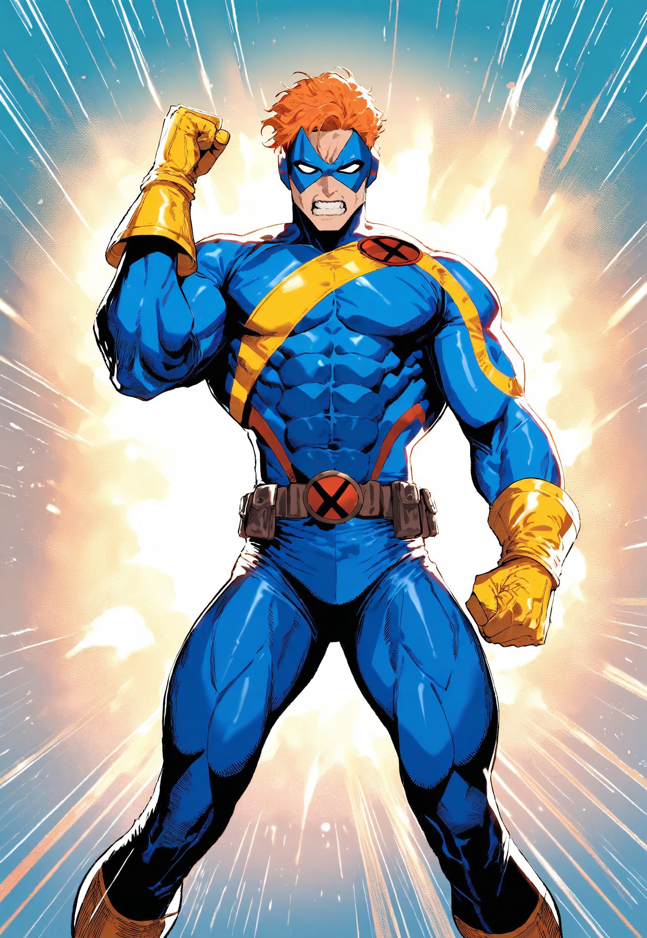 masterpiece, high score, great score, absurdres, SUP3RH3R0 Style, male focus, 1boy, solo, bodysuit, superhero, blue bodysuit, muscular, gloves, yellow gloves, teeth, clenched teeth, belt, orange hair, muscular male, clenched hand, abs, mask, comic art style