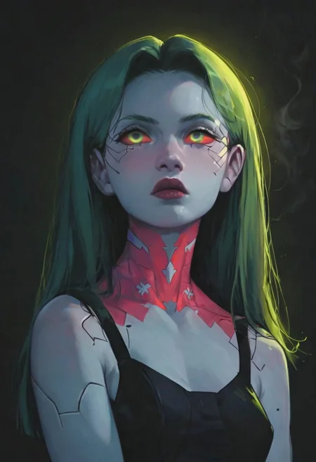 score_9, score_8_up, score_7_up,  
break 
1woman, 
Break
(((Rebecca_(Cyberpunk)))), white blue skin. Green hair with red tips. Long hair.
high quality,  expressive.Beautiful. petite body with wide hips,  Short woman. Thick thighs, Pear body,   Small breasts.  Black jactet.  Smoking cigarrete. Facing the viewer. Neon lights. Motion lines. Realistic. Elegant.
Break