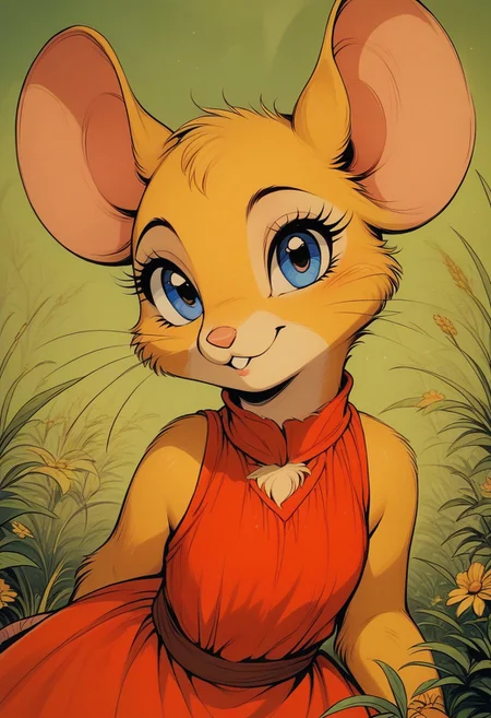 score_9, score_8_up, score_7_up, score_6_up, score_5_up, score_4_up,
[][][]
(((mouse))), (feral), female, solo, (fluffy), (fluffy cheeks:0.7), (cute)
[][][][][]
cel-shading, in the style of Beatrix Potter, retro
[][][][][]
(sleeveless red dress), yellow fur, yellow ears, blue eyes, sitting, (side view:0.8), grass, nature, (close up, upper body shot:2), looking at viewer, ((((small ears)))), white chest,