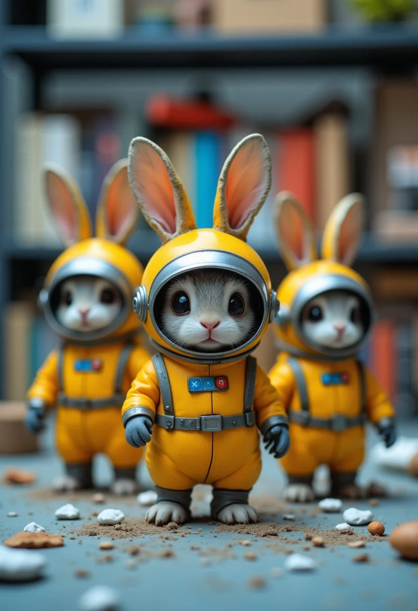 a bunch of tiny micro space angry bunnies wearing yellow and blue space suit, with a round helmet with metalic rabbit ears, exploring office space, funny, playful, high-speed action shot. cinematic wide angle , raw, analog blankmj l10nhe43t