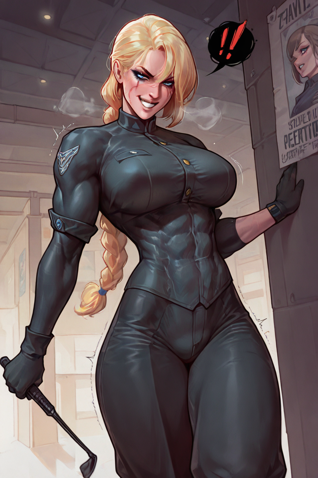 black outline, masterwork, masterpiece, best quality, Detailed lines in high quality, professional, detailed, detailed_eyes, 1 futa, standing, solo, red exclamation marks, Riding crop, (athletic girl), (black military dress uniform), blonde with a long braid, dominant, motion lines, blue eyes, Slavic appearance, advertising strips of light like on a poster, Inspiring expression, solo, muscular, abs, evil smile, hips, biceps, big breasts, athletic girl, scar on face, (dominant woman, femdom scene), lite gothic makeup, trembling, steaming, impending sex, dynamic lighting, sabu0101, motion lines, <lora:add-detail-xl:1.5>  <lora:sabu_2:1>