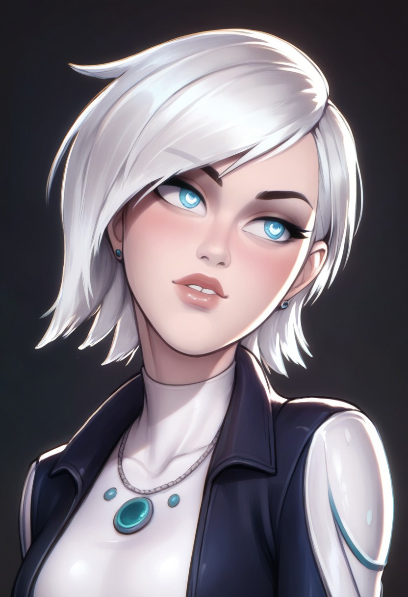 score_9, score_8_up, score_7_up, score_6_up, PRSNL_3_1, uncensored, pupils black dots, lips,
upper body, 
MKFrost, 1girl, white hair, blue eyes, short hair, bodysuit