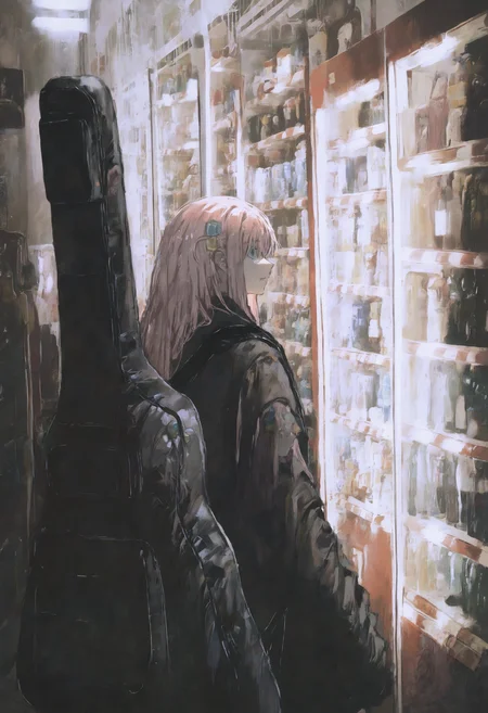 masterpiece, highres, absurdres, newest, very awa, painting (medium), wide shot, cinematic shot, 1girl, solo, bocci the rock!, gotoh hitori, cube hair ornament, pink hair, long hair, bangs, blue eyes, instrument case, vending machine, guitar case, jacket, indoors, arms at sides, <lora:spo_sdxl_10ep_4k-data_lora_webui>, <lora:NOOB_EPSv1_1_detailer_by_vlnvk_v1_0>, <lora:noobai_ep11_stabilizer_v0.30_fp16>, <lora:shiej007>