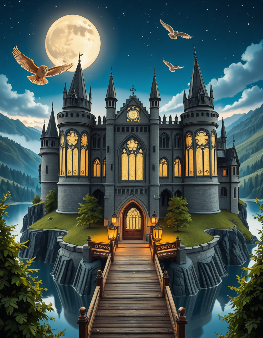 A majestic, ancient castle perched on a rocky hill, serving as a prestigious school for young wizards. The castle is a grand structure with towering spires, intricate gothic architecture, and large stained-glass windows that glow with magical energy. The stone walls are covered in ivy, and enchanted lanterns float around the entrance, casting a soft, mystical glow. A massive wooden bridge leads to the main gate, suspended over a misty, enchanted lake that reflects the moonlight. In the background, rolling green hills and dense, fog-covered forests surround the school, adding an air of mystery. The sky is a deep twilight blue, with stars twinkling and a full moon shining brightly. Some windows in the castle emit warm, golden light, hinting at classrooms filled with spellbooks and students practicing magic. A few owls are seen soaring above, delivering messages. The atmosphere is magical, mysterious, and full of wonder, as if the castle itself is alive with enchantments.
<lora:SDXLFaeTastic2400:0.4> <lora:extremely_detailed:0.4> extremely detailed,ancient c4stl3, <lora:ancient_c4stl3-i:1>, Masterpiece,best quality,hi res,8k,hi res,8k,award winning,(sharp focus, intricate, highly detailed),