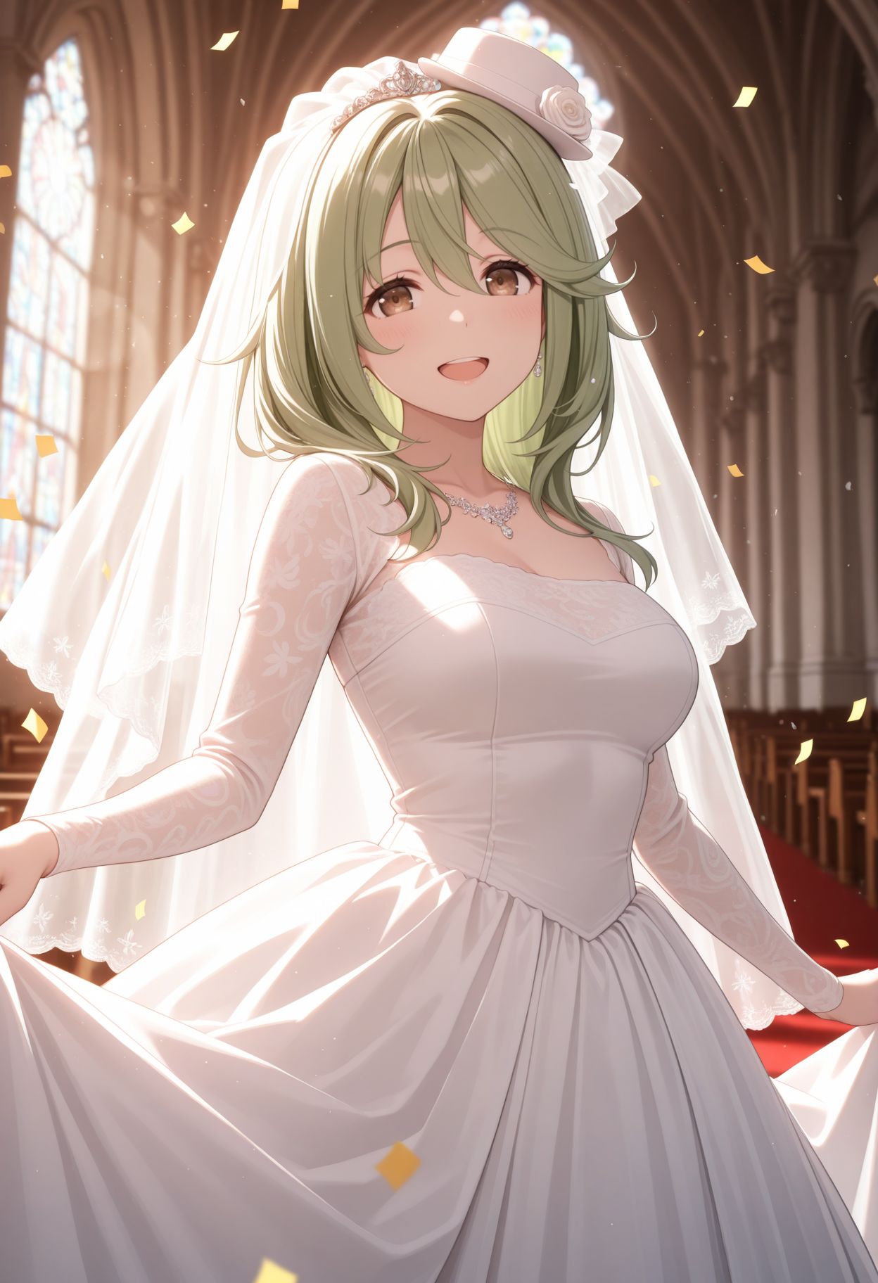 masterpiece,best quality,absurdres,highres,very aesthetic,high quality,detailed,insanely detailed,beautiful,perfect lighting, ,depth of field,blurry background,bokeh, 
 <lora:Tsumugi Sakakibara illu:1> 1girl, long hair, green hair, brown eyes, hat, jewelry,, long sleeves,wedding dress, veil, church, (confetti:1.1), smile, open mouth, white dress, wedding dress), indoors,