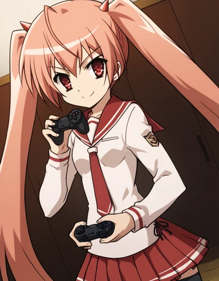 score_9, score_8_up, score_7_up, source_anime, <lora:aria-holmes-kanzaki-s1-ponyxl-lora-nochekaiser:1>, aria holmes kanzaki, long hair, red eyes, twintails, pink hair,, skirt, thighhighs, school uniform, serafuku, zettai ryouiki, white shirt, long sleeves, red sailor collar, necktie, red necktie, red skirt, pleated skirt,, living room, video game, controller, competitive, fun, afternoon, smile, <lora:gendou-pose-ponyxl-lora-nochekaiser:1>, gendou pose, own hands clasped, own hands together, parody,, looking at viewer, solo,, dutch angle, cowboy shot