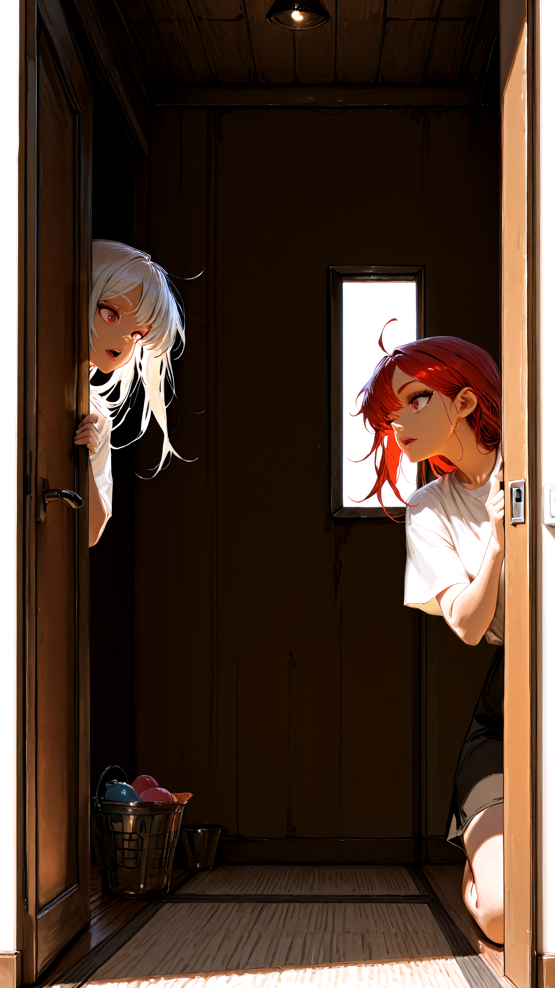 masterpiece, newest,absurdres,incredibly absurdres, best quality, amazing quality, very aesthetic, 
2 girls, playing, peeking,
 <lora:Face_Enhancer_Illustrious:0.7>  <lora:BlueFley_Style_-_Illustration:1> by_bluefley