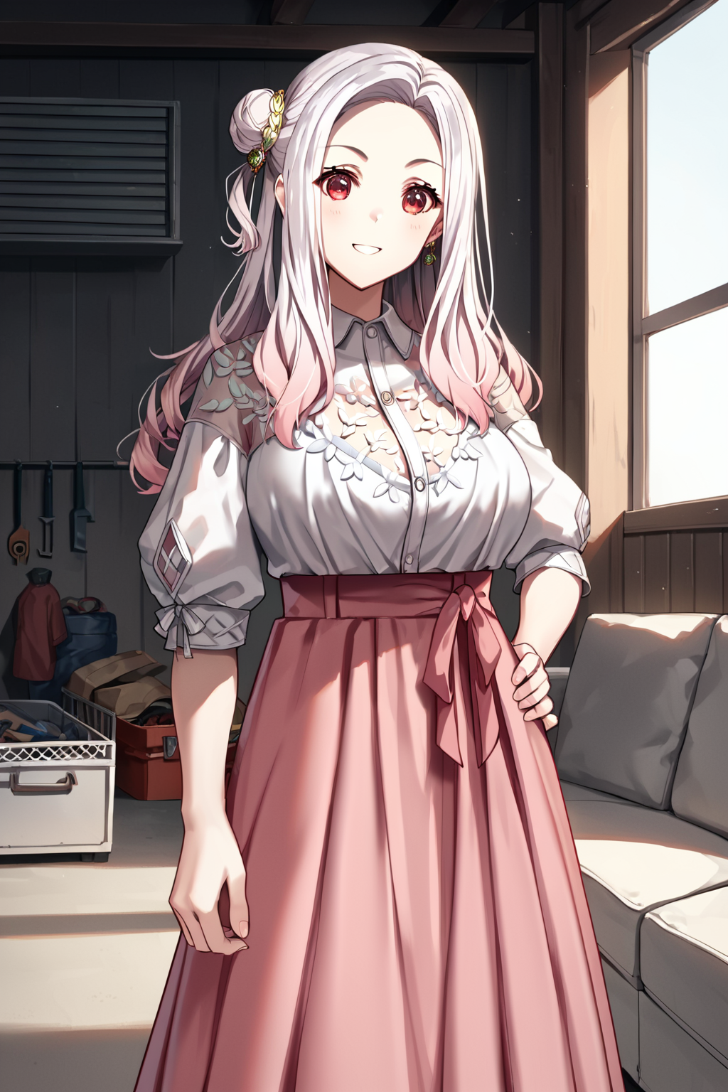 score_9, score_8_up, score_7_up, score_6_up, rating_safe, source_anime, best quality, masterpiece, 2.5d, garage, couch, tools, standing, <lora:momonouchi-sumomo-xl-04:0.8>, momonouchi sumomo, side bun, white lace blouse, pink long skirt, big breasts, smile, hand on hip, red_eyes