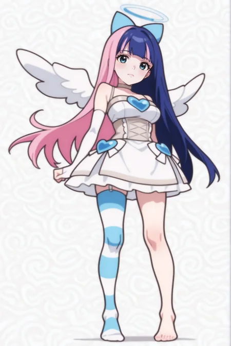 <lora:Stocking:0.8> full body, Vetty, female, blue hair, dark blue hair, pink highlights, turquoise eyes, white dress, white outfit, bandaged outfit, wrapped clothing, blue heart emblem, blue striped stockings, striped legwear, blue hair bow, standing pose, slight downward angle view, three-quarter view, fair skin, serious expression, neutral face, white angel wings, full figure visible, feet visible