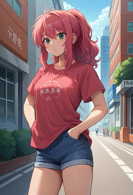 score_9, score_8_up, source_anime, 1girl, solo, FeldtGrace, long hair, ponytail, t-shirt, denim shorts, standing, outdoors, city, hands in pockets, <lora:ChamFeldtGracePonyXL:1>
