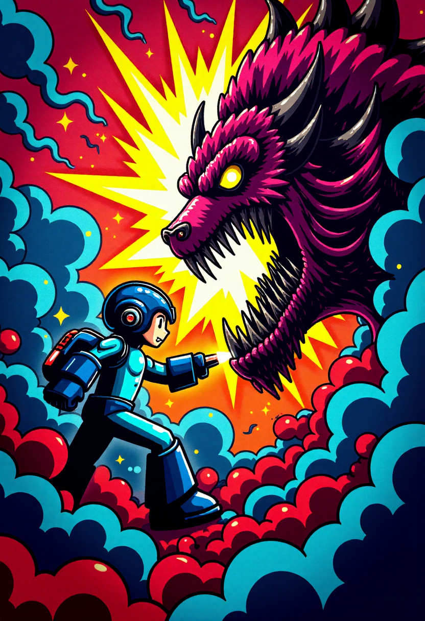 <lora:Graffiti_Characters2_FLUX-000011 (1):0.9>
This is a vibrant, stylized digital drawing set against a dramatic, abstract background, of a  Megaman firing his arm laser at a monster