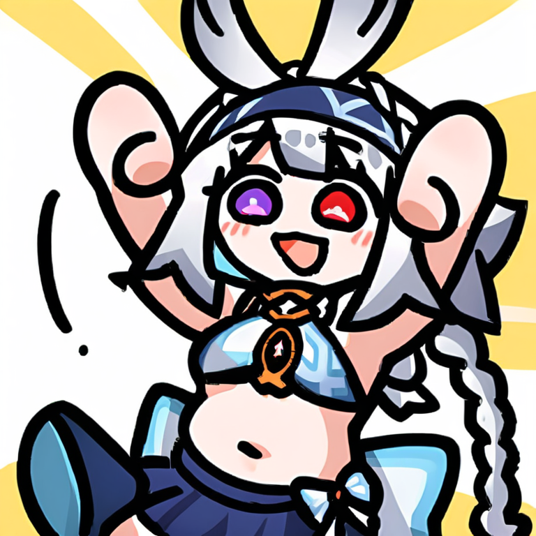 masterpiece, best quality, <lora:muarani-xl:1>, <lora:50Gchibi-v2-xl-a31:1>,
muarani, 1girl, solo, animal ears, navel, rabbit ears, skirt, open mouth, long hair, smile, arms up, braid, midriff, looking at viewer, bangs, sleeveless, full body, white hair, blush, crop top, white background, blue footwear, red eyes, purple eyes, blue hair, shirt, bright pupils, sleeveless shirt, jumping, yellow background, bow, boots, hairband, white pupils, blue skirt, breasts, :d, single braid, simple background, teeth, two-tone background, upper teeth only, multicolored hair, grey hair, very long hair, bunny pose, shoes