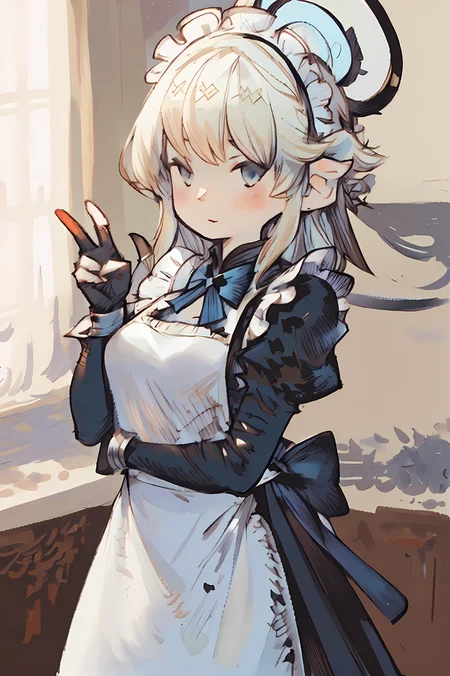 toki, blonde hair, blue eyes, hair bun, short hair, halo, apron, belt pouch, black dress, black gloves, blue bow, bow, dress, elbow gloves, fingerless gloves, gloves, halo, long sleeves, maid, maid apron, maid headdress, pouch, long hair, halo, v-sign, small head, (Bravely Default Style), <lora:pony\char\game\ba\toki-asuma-ponyxl-lora-nochekaiser.safetensors>, <lora:styles\Akihiko_Yoshida_Chibi_clip_skip-000017.safetensors>, <lora:styles\BravelyDefault.safetensors>, <checkpoint:[Pony] prefectPonyXL_v10.safetensors>, <checkpoint:[SD15] Anime_Sketchink.safetensors>
