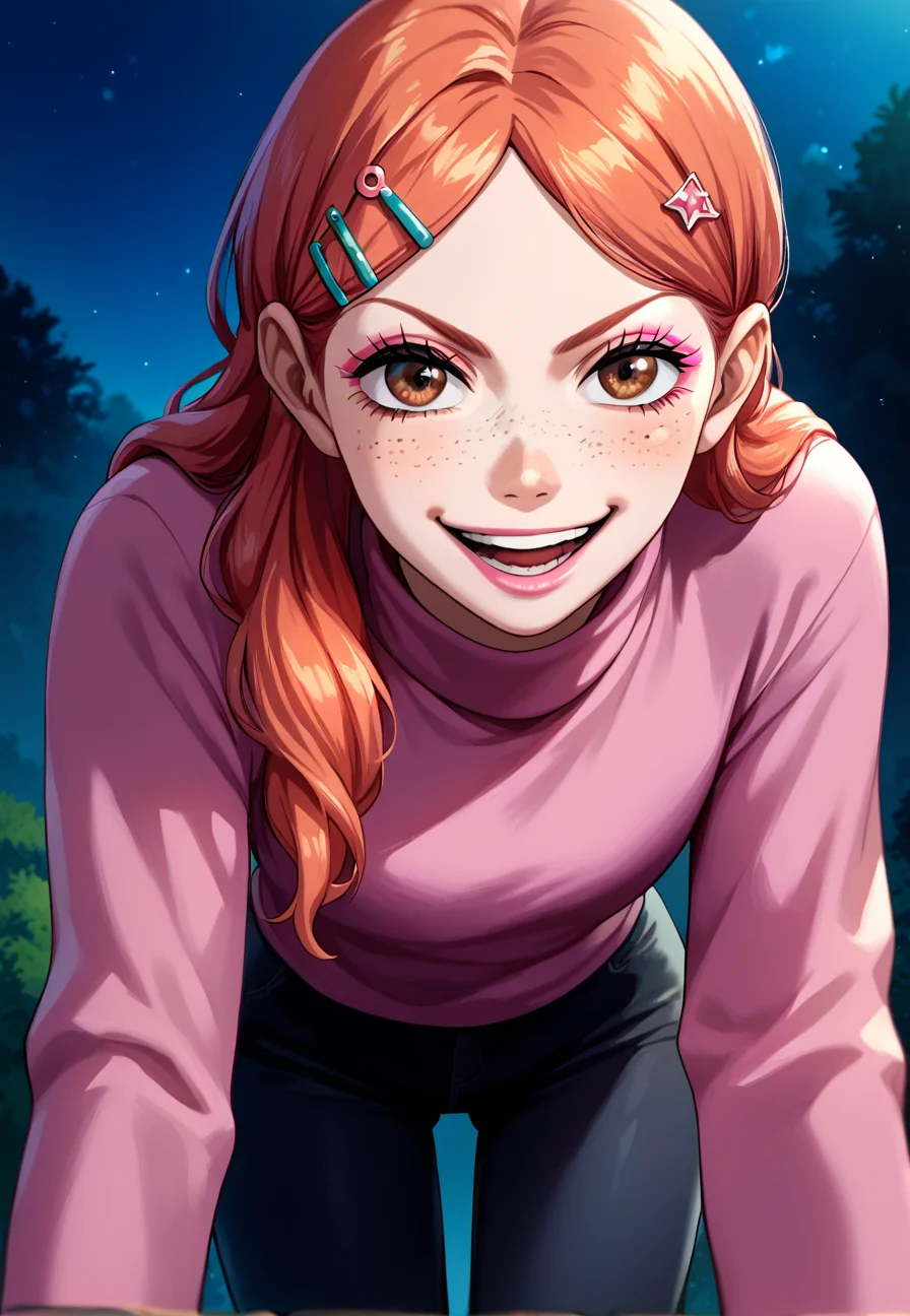 score_9_up, score_8_up, score_7_up, source_anime, dirty anime style, <lora:Dirty_steamy_sweaty_NTR_H_Style_Pony:1>, 1girl, ginger hair, long hair with hairclip, big eyes, brown eyes, freckles, pink lipstick, pink eyeliner with glitter BREAK (pink silk turtleneck, long sleeves, black wide-leg pants) BREAK standing, leaning forward, closed mouth, evil smile, smug, looking at viewer, <lora:Risa_Koizumi_SDXL:0.5>, solo, portrait, outdoors, at night, best quality, high quality