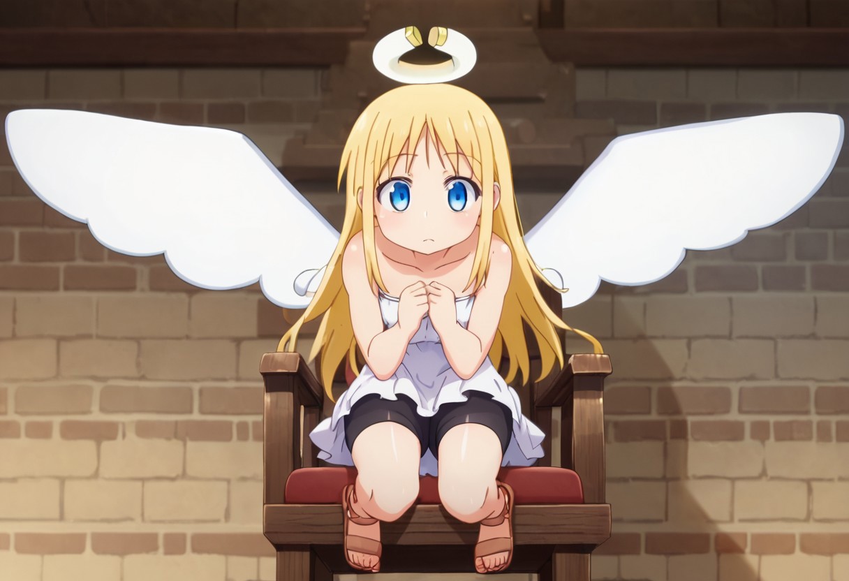 crimvael \(interspecies reviewers\),, blue eyes,blonde hair,long hair,angel,halo,wings,white dress,strapless,bare shoulders,bike shorts,sandals , thighhighs, indoors , sitting on chair,  score_9, score_8_up, score_7_up, ,source_anime, best quality, masterpiece,   , full body view ,   garter straps, collarbone ,  1girl , solo , girl focus ,