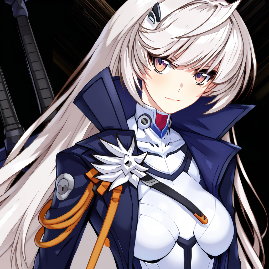 (masterpiece),(best quality),(ultra-detailed),(best illustration),(best shadow),(absurdres),(detailed background),(very aesthetic), hilde, fenrirdivision, 1girl, long hair, solo, bangs, looking at viewer, hair ornament, closed mouth, jacket, weapon, black background