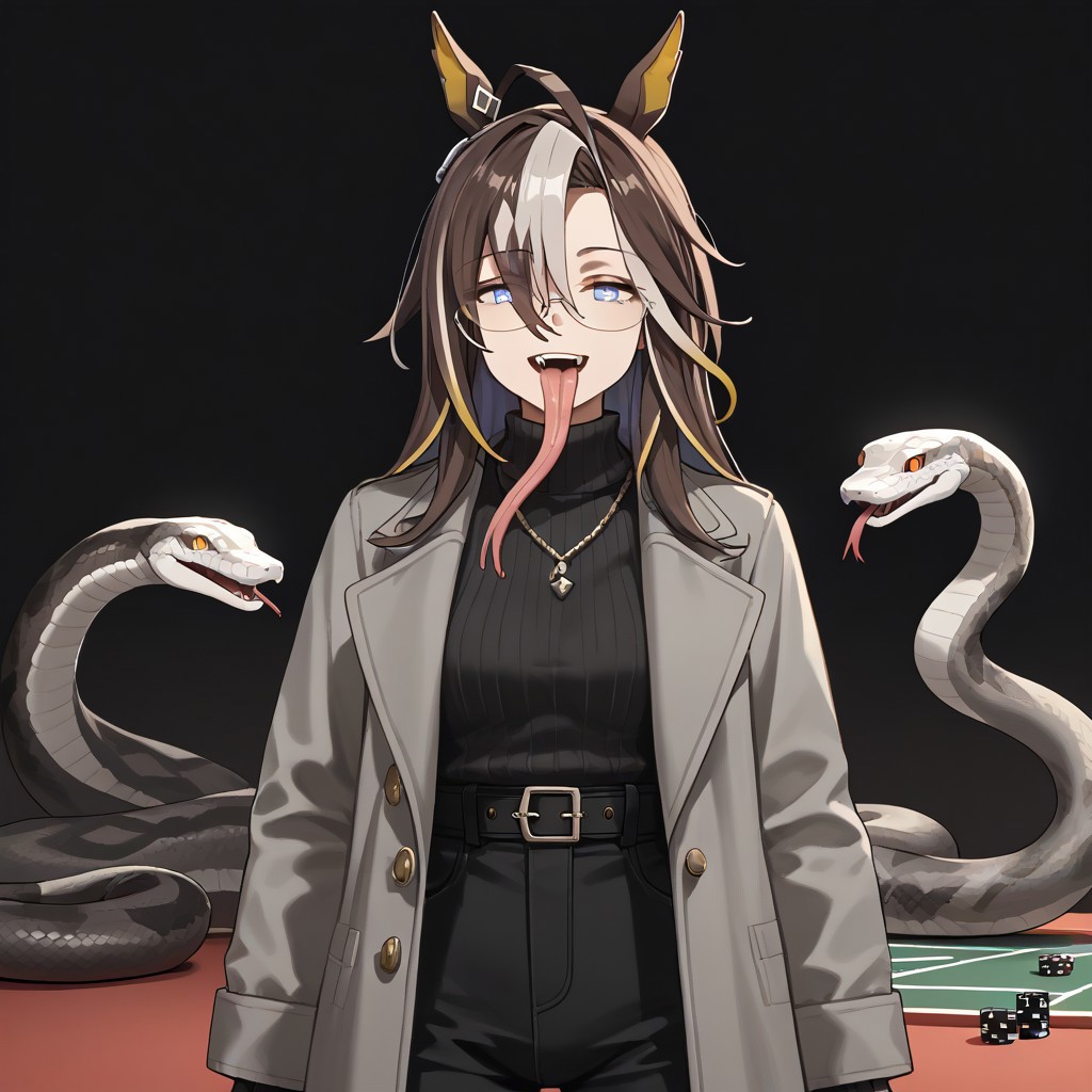 (indoor,sn4k3, snake, snake on shoulders, casino scene, poker table, (evil smile , 1girl, 1 women,dreamj,Tongue out,long Tongue out), dreamjourneysolo , umamusume , 
dream_journey_\(umamusume\) , 
1girl ), ahoge ,  animal_ears , asymmetrical_bangs , belt , black_background , black_pants , black_sweater , brown_hair , casual , coat , cowboy_shot , , 18 years old , 20 years old , women , 1 girl , eyewear_strap , glasses , grey_coat , half-closed_eyes , horse_ears , jewelry , long_sleeves , looking_at_viewer , multicolored_hair , necklace , open_mouth , pants , sleeves_past_wrists , solo ,  streaked_hair , sweater , sweater_tucked_in ,