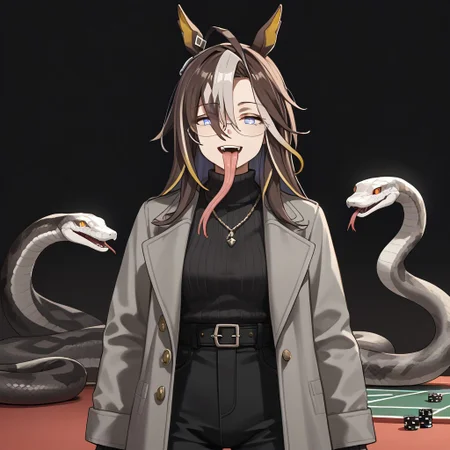 (indoor,sn4k3, snake, snake on shoulders, casino scene, poker table, (evil smile , 1girl, 1 women,dreamj,Tongue out,long Tongue out), dreamjourneysolo , umamusume , 
dream_journey_\(umamusume\) , 
1girl ), ahoge ,  animal_ears , asymmetrical_bangs , belt , black_background , black_pants , black_sweater , brown_hair , casual , coat , cowboy_shot , , 18 years old , 20 years old , women , 1 girl , eyewear_strap , glasses , grey_coat , half-closed_eyes , horse_ears , jewelry , long_sleeves , looking_at_viewer , multicolored_hair , necklace , open_mouth , pants , sleeves_past_wrists , solo ,  streaked_hair , sweater , sweater_tucked_in ,