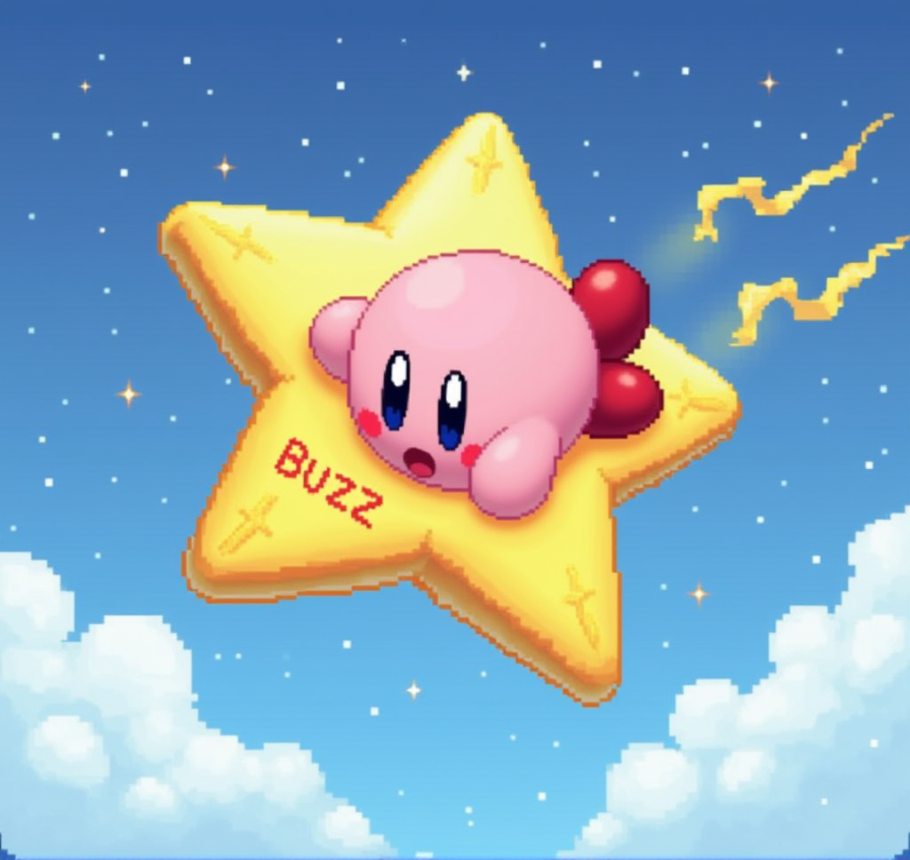 Kirby is lying on a star and flying through sky.
The star is labeled (âBUZZ").
16bit style