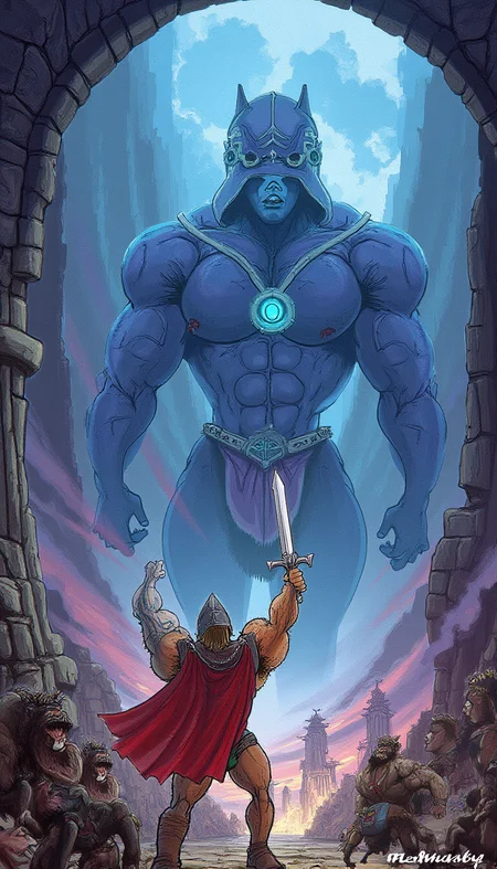 castle grey skull, a scene of aftermath of a great battle, the sorceress , the great lions, the horde  shocking blue eye
((PG Rating)) - adam, prince of eternia and defender of the secrets of Castle Greyskull hold aloft his magic sword and says  "... By the power of Greyskull!"
beautiful, intense vivid color, detailed, cinematic shot. HSMuscleboy
<lora:HSMuscleboy.v2.style.Flux1D_epoch_10:0.9>