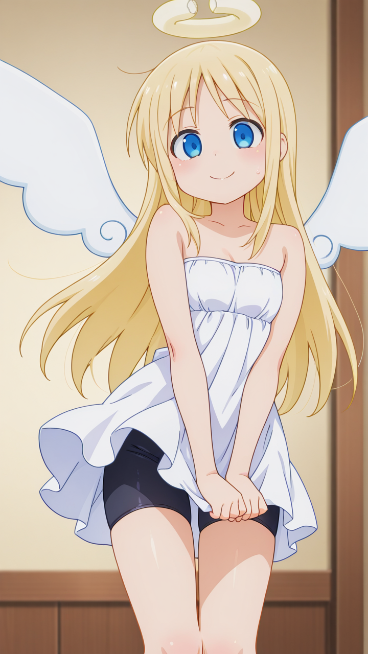 solo, smile,, masterpiece, best quality, amazing quality, very aesthetic, absurdres, newest, anime screencap, <lora:crimvaelILM:1>, crimvael, androgynous, halo, broken halo, blonde hair, angel, long hair, blue eyes, angel wings, white wings, 1other, other focus, white dress, bare shoulders, off-shoulder dress, bare arms, strapless, strapless dress, bike shorts, black shorts, bare legs, floating,