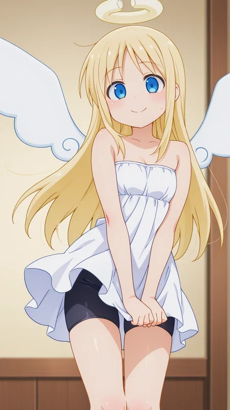 solo, smile,, masterpiece, best quality, amazing quality, very aesthetic, absurdres, newest, anime screencap, <lora:crimvaelILM:1>, crimvael, androgynous, halo, broken halo, blonde hair, angel, long hair, blue eyes, angel wings, white wings, 1other, other focus, white dress, bare shoulders, off-shoulder dress, bare arms, strapless, strapless dress, bike shorts, black shorts, bare legs, floating,