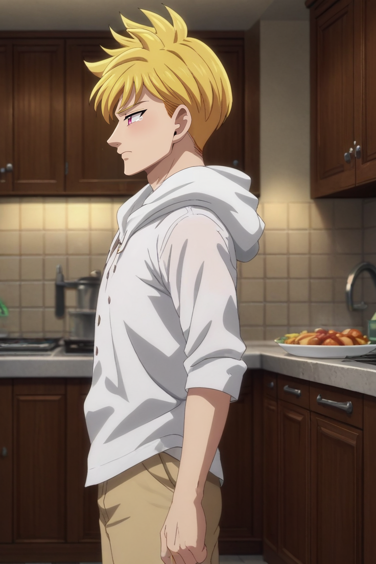 score_9, score_8_up, score_7_up, source_anime, rating_safe, intricate details, anime screencap, anime coloring, , , , 1boy, solo, male focus, <lora:lancelot_nnt_mny_pony:0.96>, lancelot_nnt_mny, blonde hair, pink eyes, short hair, profile, kitchen, indoors, legs together, tearing up, , <lora:sdxl_lightning_8step_lora:1>