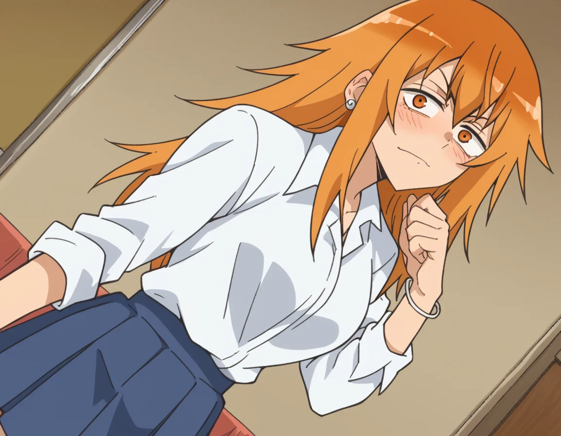 score_9, score_8_up, score_7_up, source_anime,
makigamou, <lora:maki-gamou-s1s2-ponyxl-lora-nochekaiser:1>,
maki gamou, long hair, orange hair, orange eyes, sanpaku,
skirt, shirt, jewelry, school uniform, white shirt, pleated skirt, earrings, blue skirt,
indoors, bed, bed room, on side, blush, drunk,
looking at viewer, cowboy shot, solo, dutch angle,