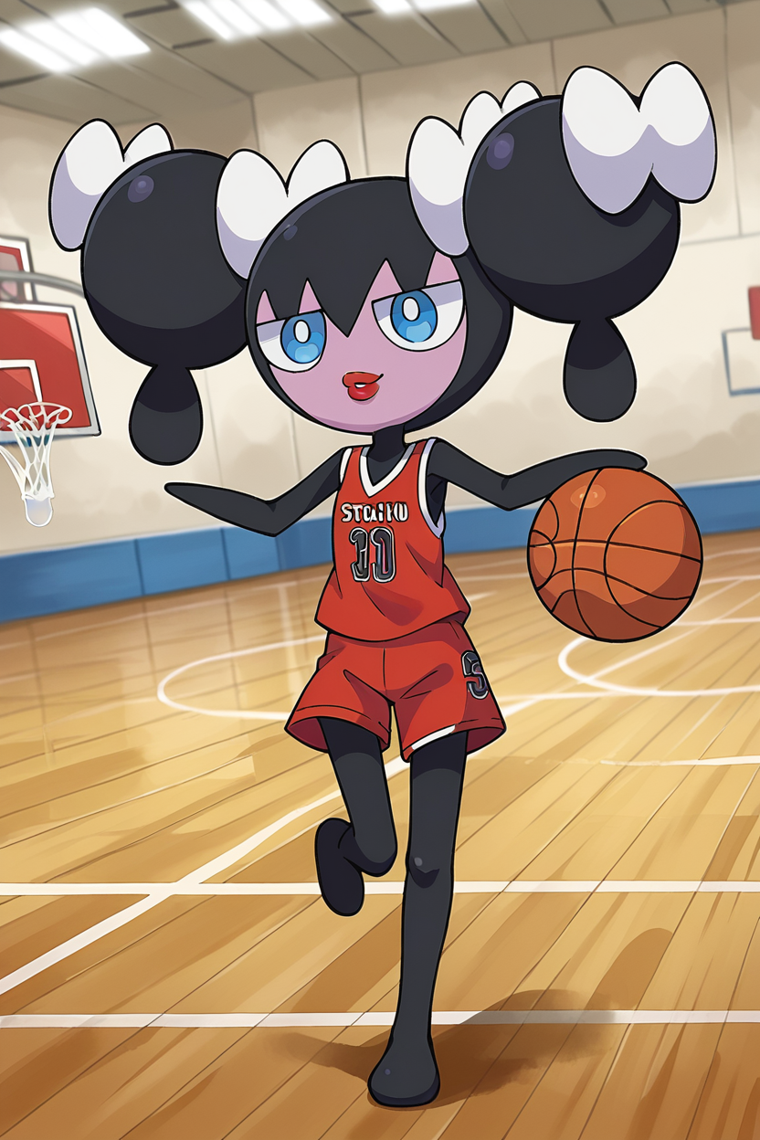 score_9, score_8_up, score_7_up, score_6_up, BREAK gothorita,pokemon \(creature\), solo,full body,two-tone skin,playing basketball,white hair bow, twintails, smile, blue eyes,red basketball uniform, basketball court,indoors, flat chest, dribbling \(basketball\),  running, red lips, black hair, red tank top,print shirt,      <lora:GothoritaPony:1>