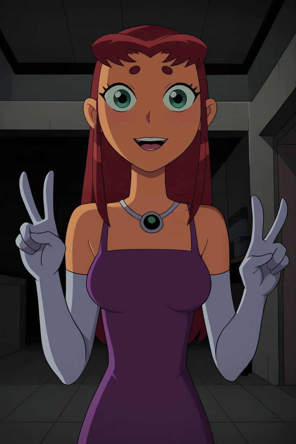 score_9, score_8_up, score_7_up, score_6_up, score_5_up, score_4_up, BREAK, 1boy, pov, <lora:StarfireOG:.8>, 1girl, Koriand'r, red hair, green sclara, orange skin, purple dress, white elbow gloves, peace sign