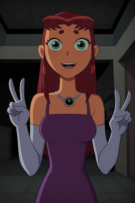 score_9, score_8_up, score_7_up, score_6_up, score_5_up, score_4_up, BREAK, 1boy, pov, <lora:StarfireOG:.8>, 1girl, Koriand'r, red hair, green sclara, orange skin, purple dress, white elbow gloves, peace sign