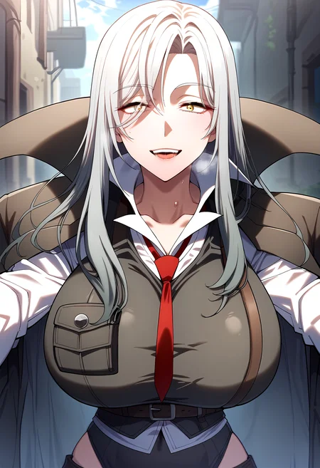 score_9, score_8_up, score_7_up, score_6_up, source_anime, rating_explicit, <lora:neg4all_bdsqlsz_V3.5:2.0>1girl, (solo:1.1), huge breasts, <lora:Carmen Lionheartponyxl:1> long hair, yellow eyes, grey hair, white hair, bangs, red necktie, collared shirt, white shirt, black vest, black jacket, leotard under clothes, black leotard, belt, jacket on shoulders, (smile:1.1), (wide-eyed:1.2), open mouth, saliva, Narrow shoulders, sweat, heavy breathing, steaming body, alley, outdoor, looking at viewer, (close-up:1.2), (pov:1.2), spread arms, hug
