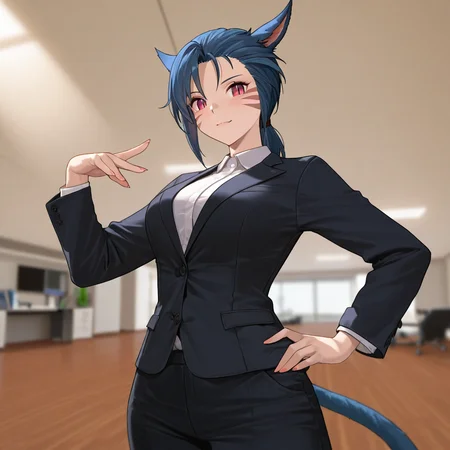 masterpiece,best quality,amazing quality,high quality,very aesthetic,absurdres,newest,shaded,digital media \(artwork\),depth of field,solo,looking at viewer,perfect eyes,perfect face,medium breasts,<lora:Vinyl_Scratch_FFXIV_OC:1>,VinFFXIV, cat girl, cat ears, cat tail, red eyes, slit pupils, miqo'te,business attire, professional pose,office,amazing quality,soft lighting,<lora:Eyes_High_Definition:1>, hdeyes,